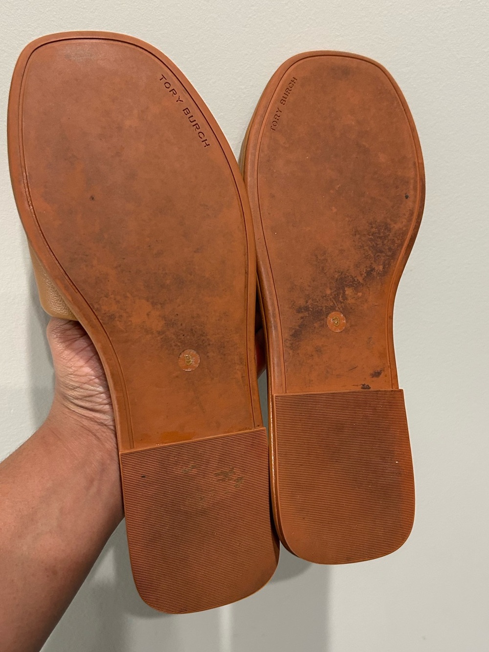 Tory Burch Cognac Leather Logo Slide Sandals - Picture 2 of 5